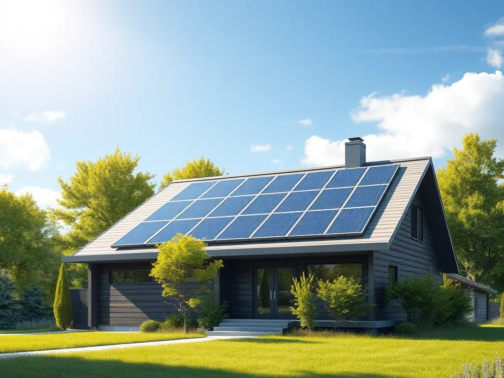 A modern, eco-friendly residential complex with solar panels and green spaces, representing InfraWealth's dedication to creating sustainable and affordable housing solutions.