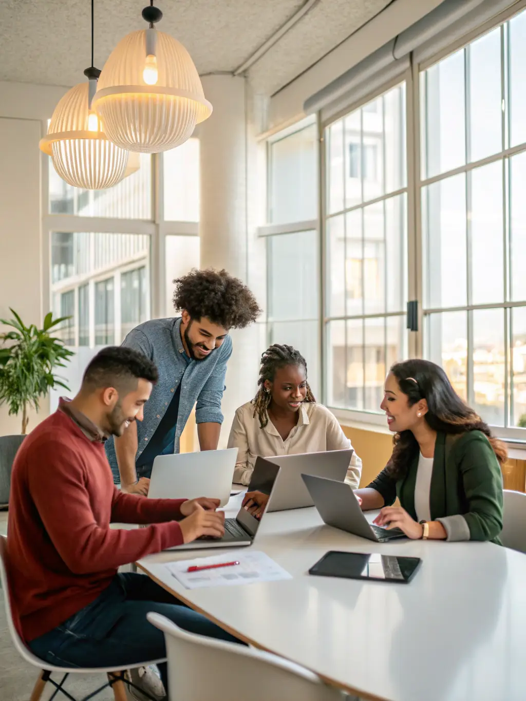 A diverse team of investment professionals collaborating in a modern office setting, symbolizing InfraWealth's expertise and collaborative approach.