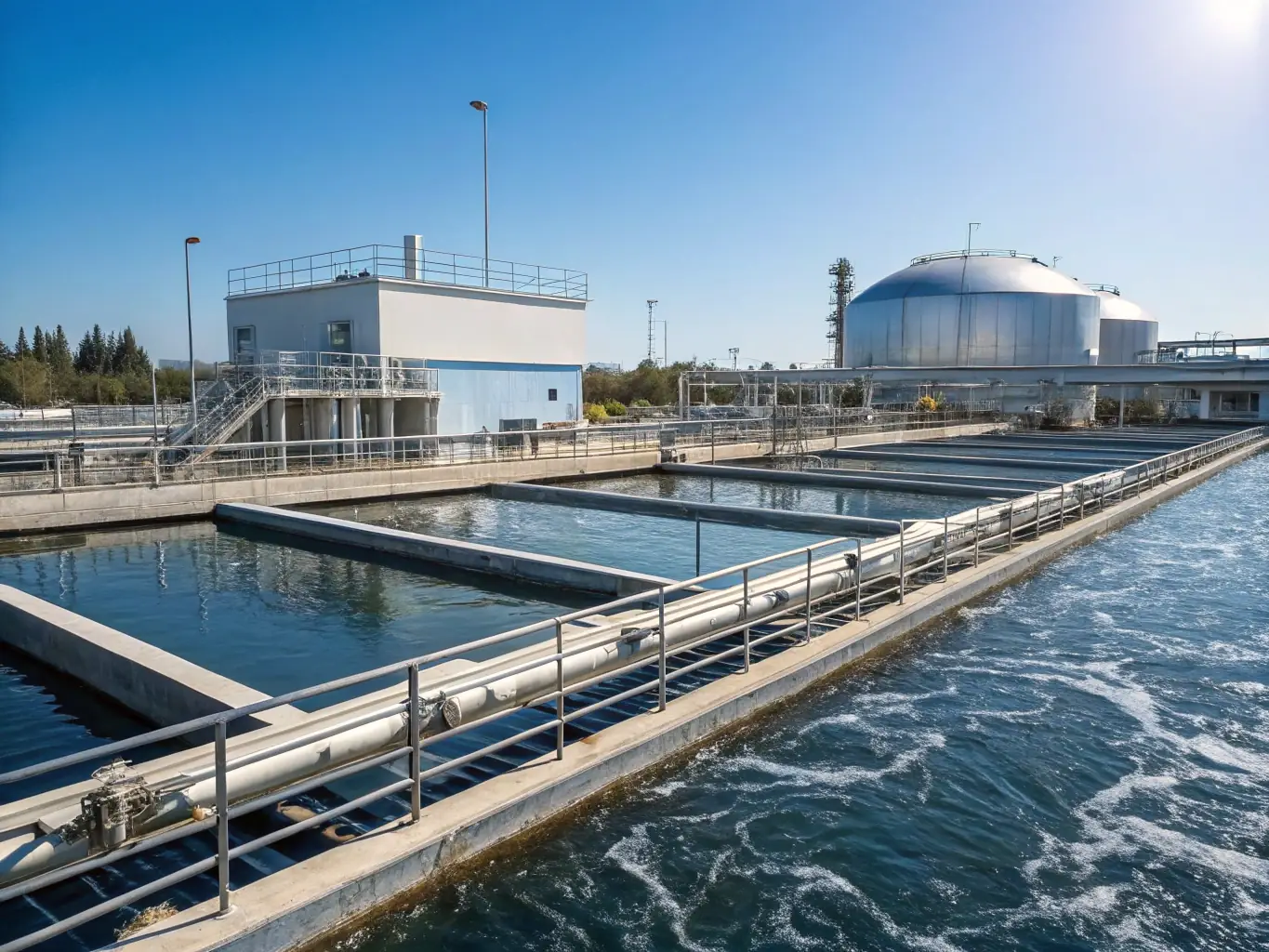 A clear, blue water reservoir surrounded by green vegetation, with a modern water treatment facility in the background, symbolizing InfraWealth's commitment to providing clean and accessible water resources.
