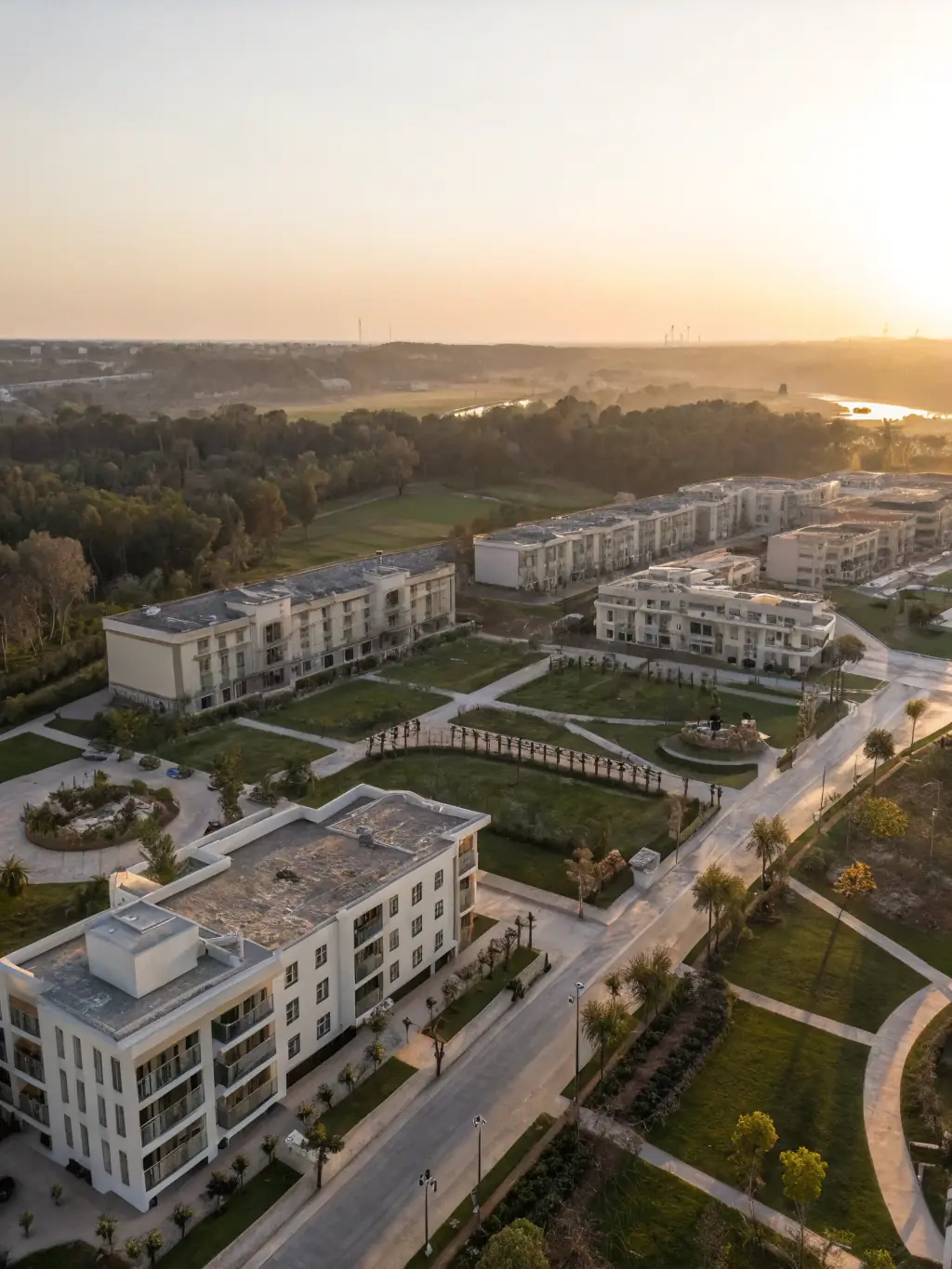 An aerial view of a sustainable urban development project, showcasing green spaces, efficient transportation, and eco-friendly buildings, representing InfraWealth's commitment to sustainability.