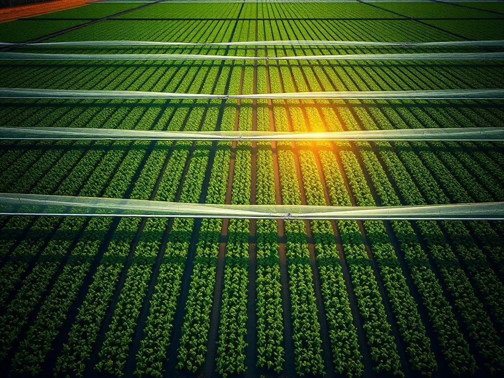 A vibrant, high-resolution photograph showcasing a lush, green agricultural landscape with advanced irrigation systems, representing InfraWealth's investment in sustainable food production and agricultural technology.